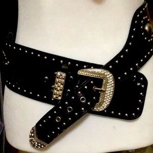 Black studded leather belt with rhinestones